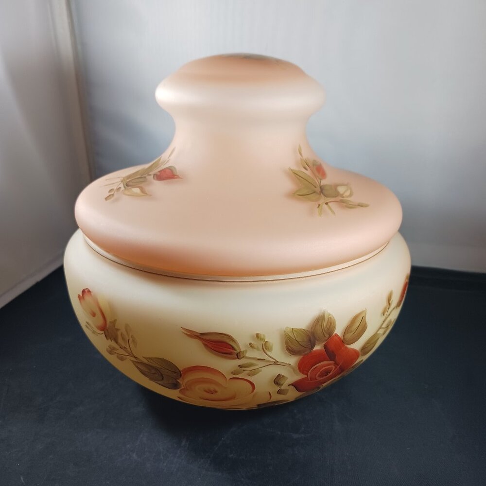 Vintage Biscuit Jar Satin Glass Hand Painted Roses Home Decor